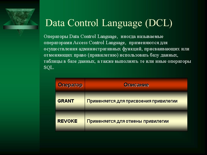 Data Control Language (DCL)  Операторы Data Control Language, иногда называемые операторами Access Control